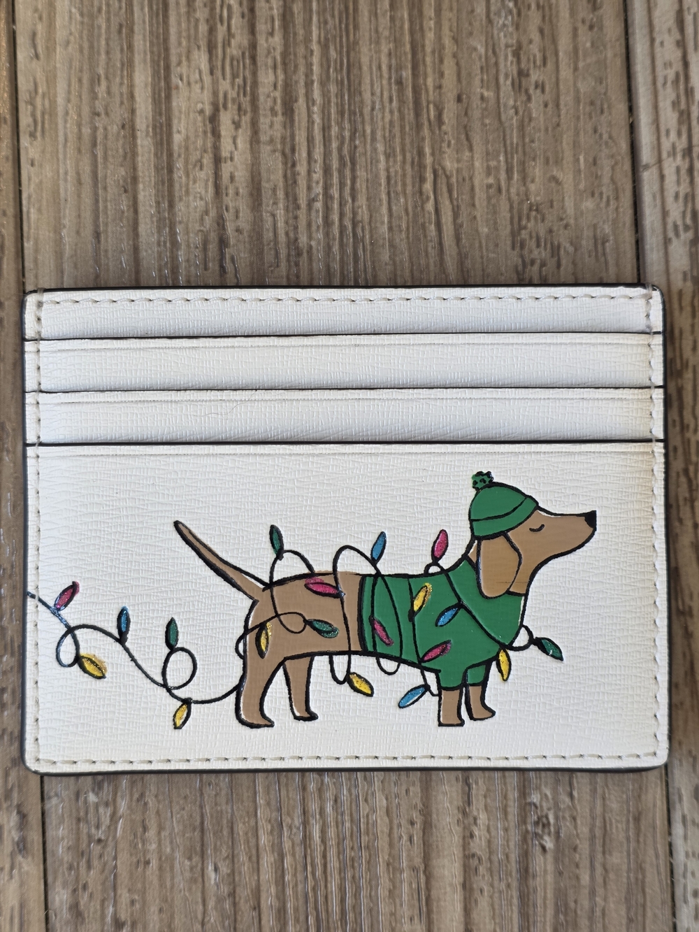 kate spade White Card Holder with Festive Dachshund in Green